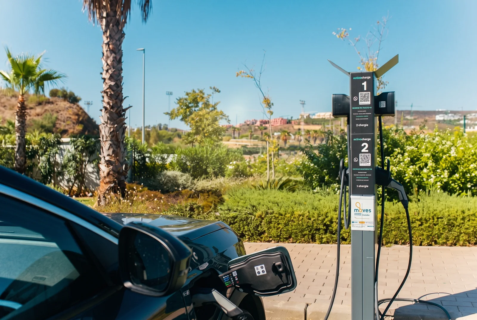 Coche eléctrico cargando en un punto Chargia junto a palmeras