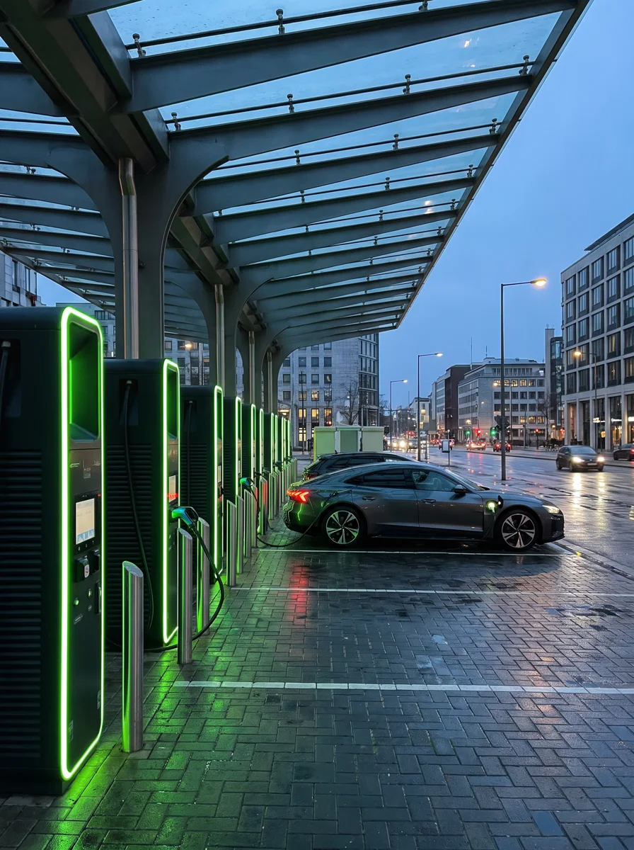 Centro de recarga rápida con varios cargadores iluminados bajo una marquesina